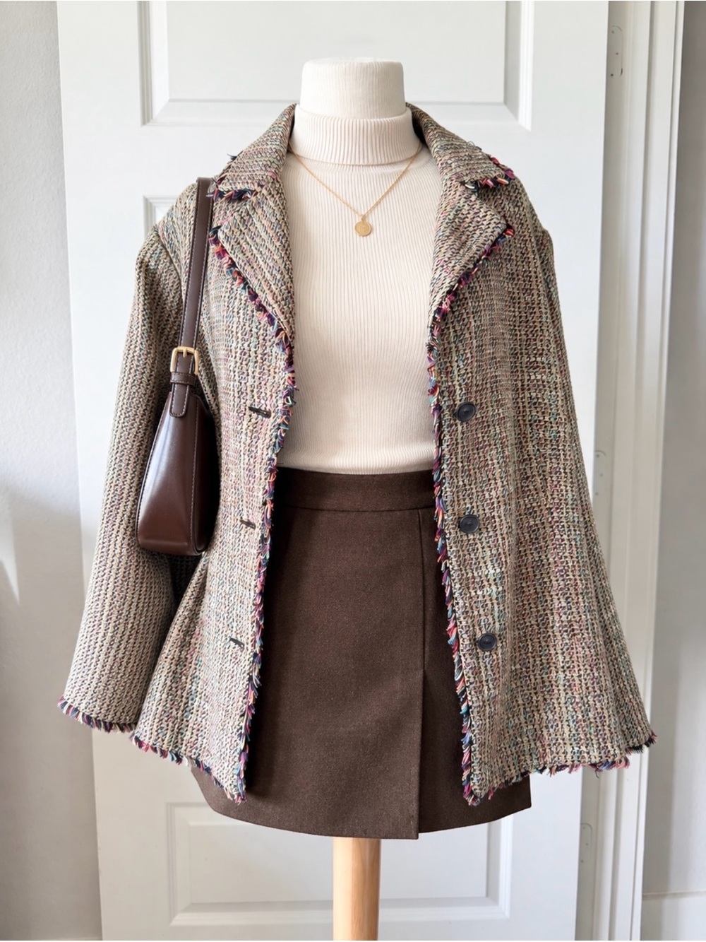 Vintage Silkland Woven Tweed Multicolor Fringe Silk Cotton Oversized Blazer